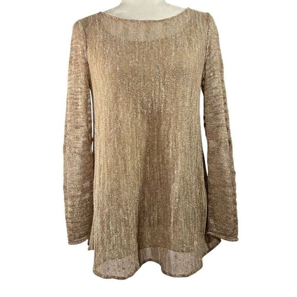 Lafayette 148 Size Small Gold Metallic Linen Mesh Knit Sweater Top - Picture 1 of 14